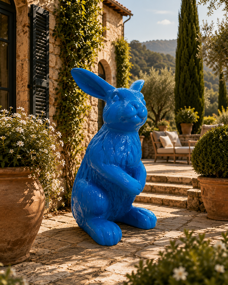 Sculpture Lapin XXL en Résine 115 cm Bleu Brillant – Swiss Sculpture
