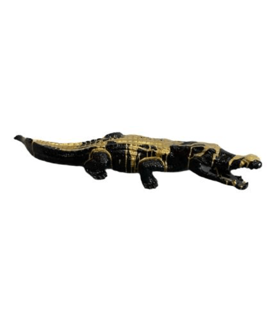 Sculpture Crocodile XXL en Résine 130 cm Noir Coulures Dorées – Swiss Sculpture - Swiss-sculpture.ch