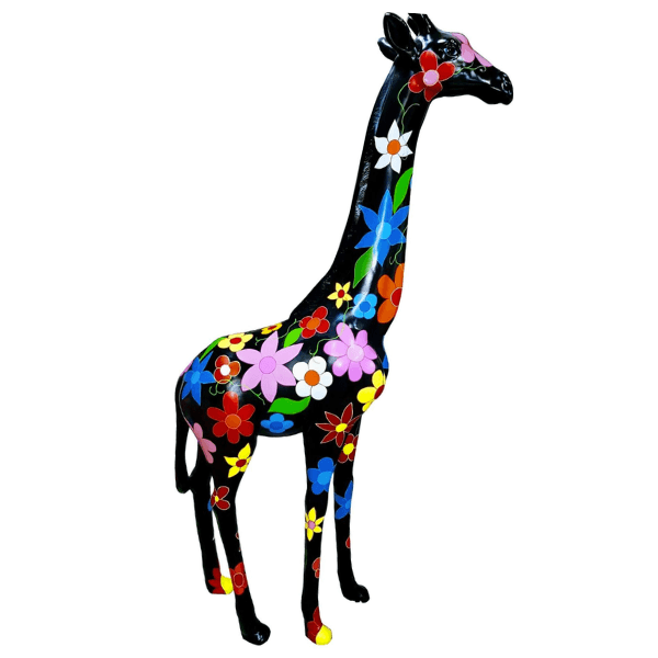 Sculpture Girafe XXL en Résine 210 cm Noir à Motifs Floraux – Swiss Sculpture - Swiss-sculpture.ch
