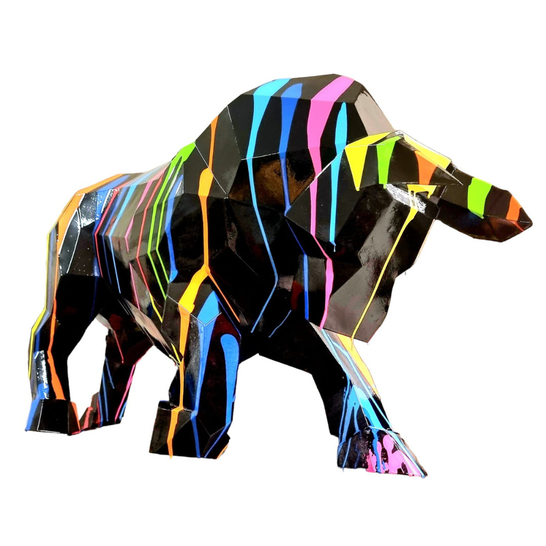 Sculpture Taureau Résine Origami 100 cm Noir & Multicolore – Swiss Sculpture