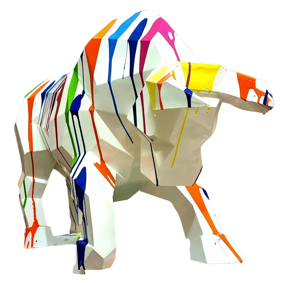 Sculpture Taureau Résine Origami 100 cm Blanc & Multicolore – Swiss Sculpture