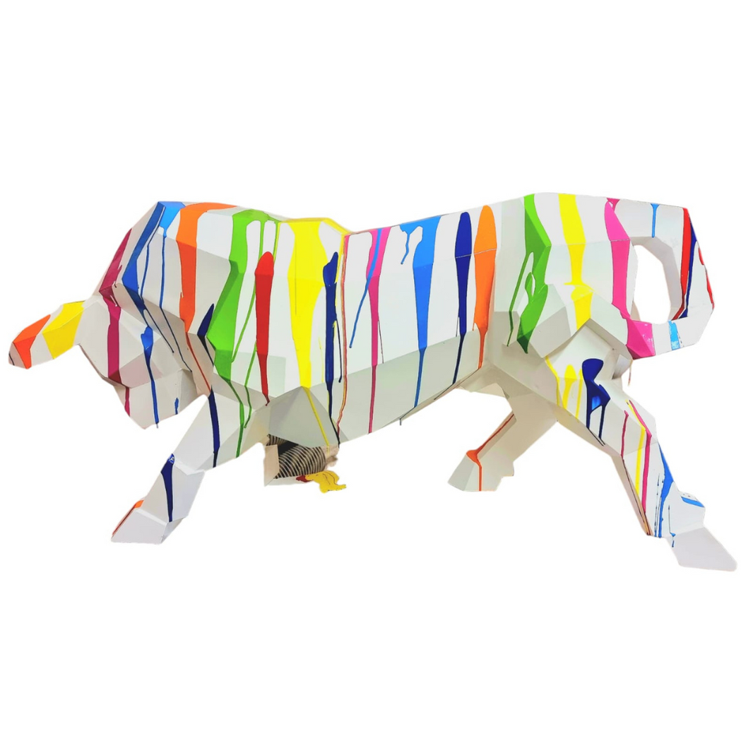 Sculpture Taureau Résine Origami 100 cm Blanc & Multicolore – Swiss Sculpture