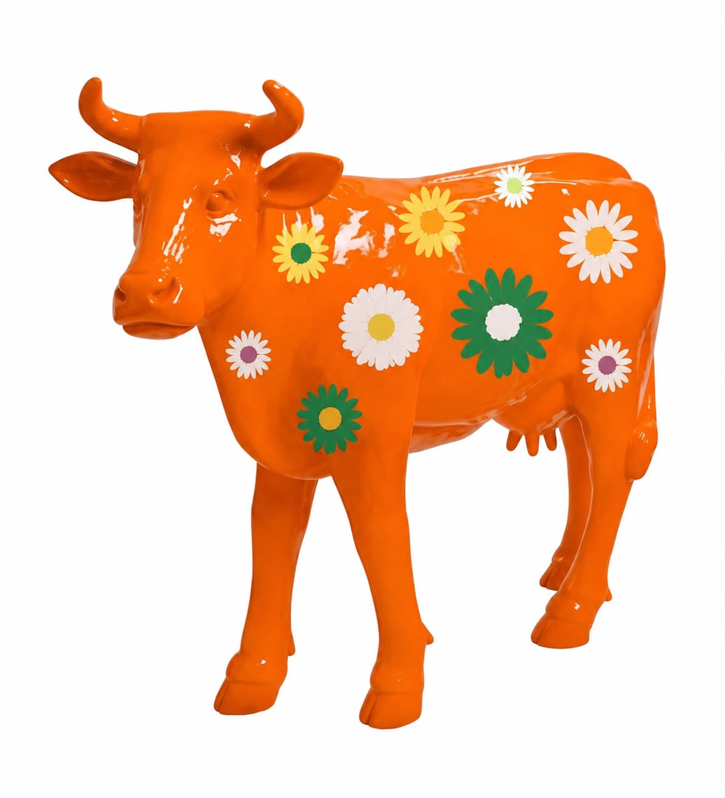 Sculpture Vache XXL en Résine 140 cm Orange Fleuri – Swiss Sculpture