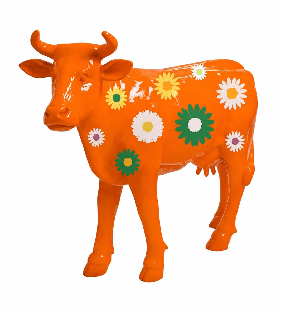 Sculpture Vache XXL en Résine 140 cm Orange Fleuri – Swiss Sculpture