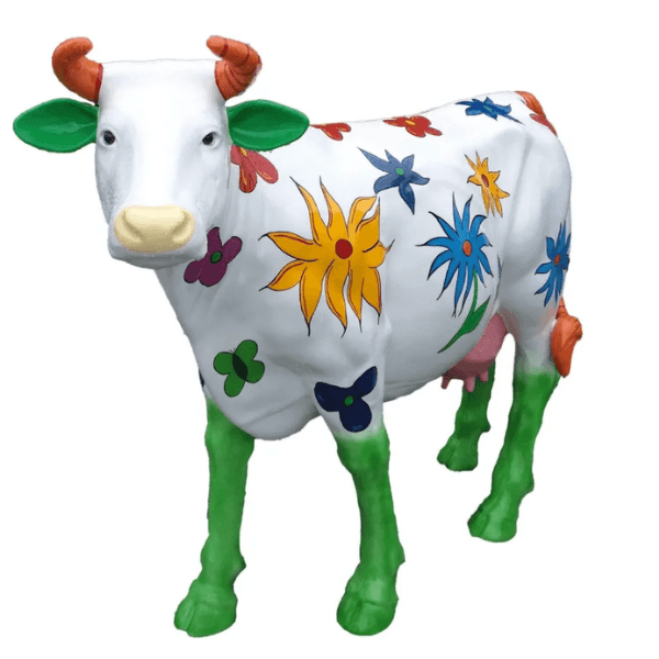 Sculpture Vache XXL en Résine 140 cm Blanc Fleuri – Swiss Sculpture - Swiss-sculpture.ch