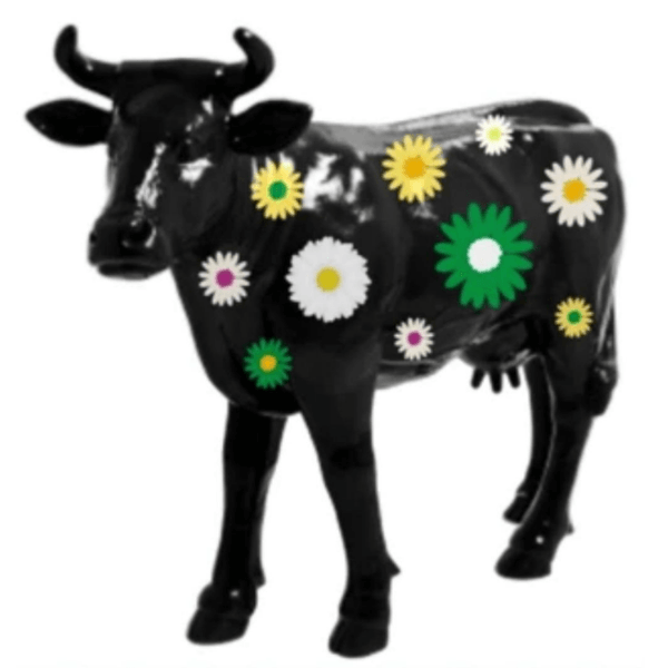 Sculpture Vache XXL en Résine 140 cm Noir Fleuri – Swiss Sculpture - Swiss-sculpture.ch